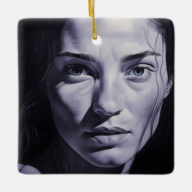 “Brianna Blue” Women In Charcoal Ceramic Ornament (Front)