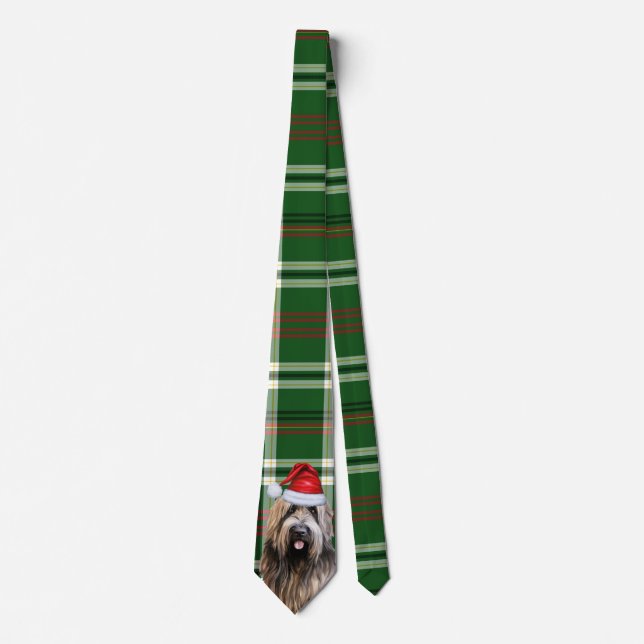 Briard Shepherd Dog and Green Plaid Christmas Tie (Front)