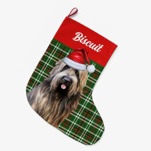 Briard Shepherd Dog Green Plaid Personalised Large Christmas Stocking