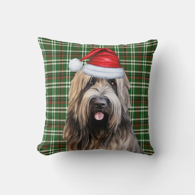 Briard Shepherd Green Plaid Christmas Holiday Cushion (Front)