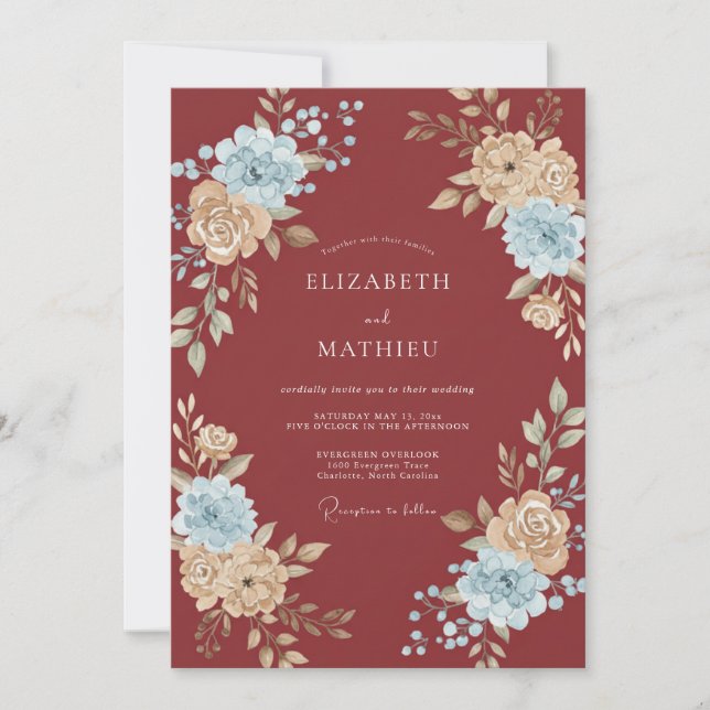 Brick Azure Petal Wedding Invitation (Front)