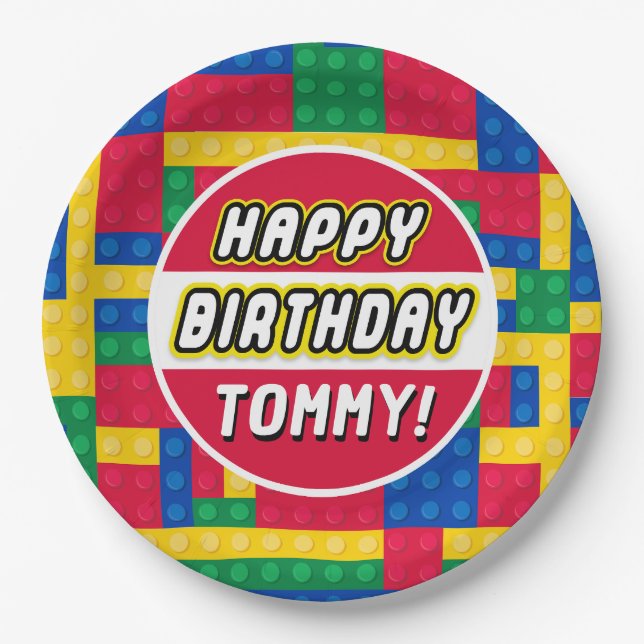 Brick Builder Customisable Birthday party Paper Plate (Front)