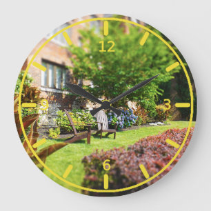 Brick Home, Adirondack Wooden Chairs, Shrubs Plaza Large Clock