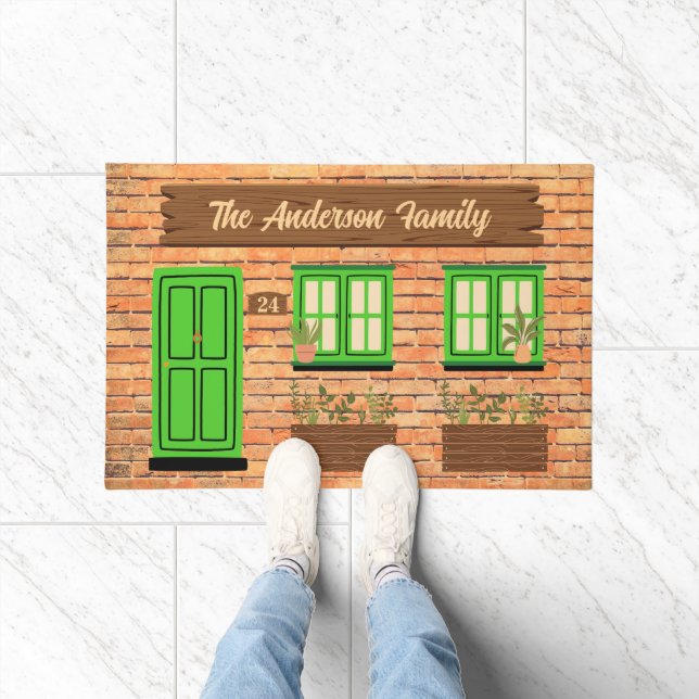 Brick House with Green Door Custom Text Doormat (Indoor)