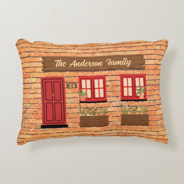 Brick House with Red Door Custom Text Decorative Cushion (Front)