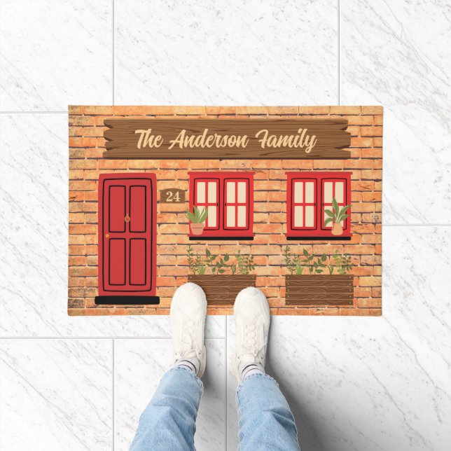 Brick House with Red Door Custom Text Doormat (Indoor)