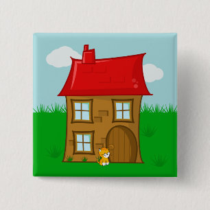 Brick House with Red Roof and Ginger Cat 15 Cm Square Badge