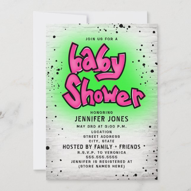 Brick Pink Green Graffiti 90s Hip Hop Baby Shower Invitation (Front)