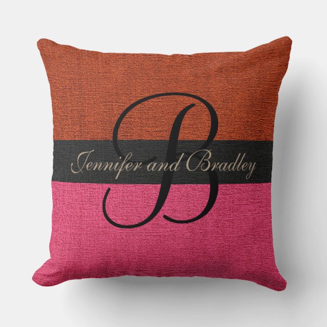 Brick Red and Pink Elegant Monogram Wedding Cushion (Front)