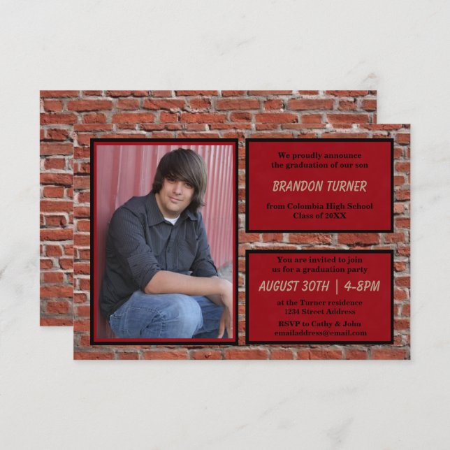 Brick, Red & Black with Photo-3x5Grad Announcement (Front/Back)
