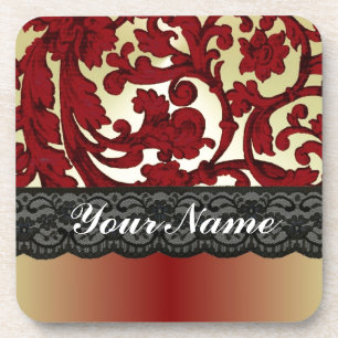 Brick red & gold damask coaster