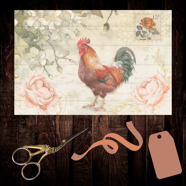 Brick Red Green Rooster Farmhouse Chic with Roses  Tissue Paper (Creator Uploaded)