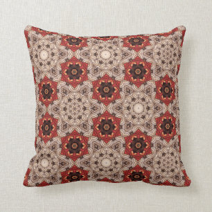 Brick Red Taupe & Brown Stylised Flowers & Stars Cushion
