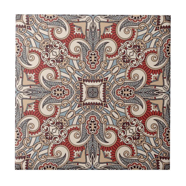Brick Red Teal Grey Blue Taupe Kaleidoscope Art Ceramic Tile (Front)