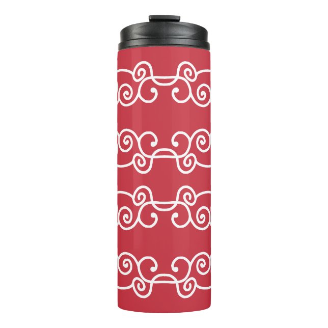 Brick red white scrolls thermal tumbler (Front)