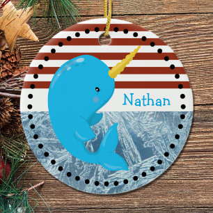 Brick Red-White Stripes•Narwhal•Custom Ceramic Tree Decoration