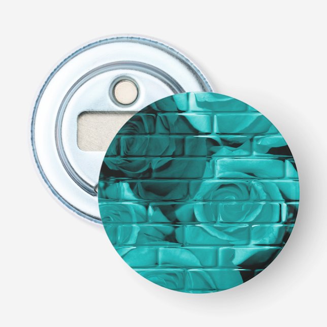 Brick Roses 03 Teal-Round Bottle Opener (Front)