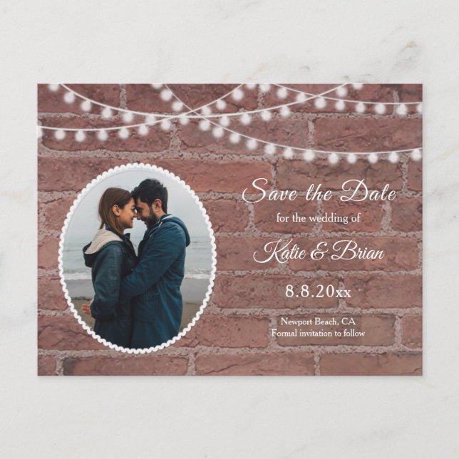 Brick wall and String Lights Save the Date Announcement Postcard (Front)
