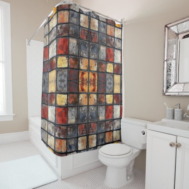 Brick wall colourful shower curtain (In Situ)