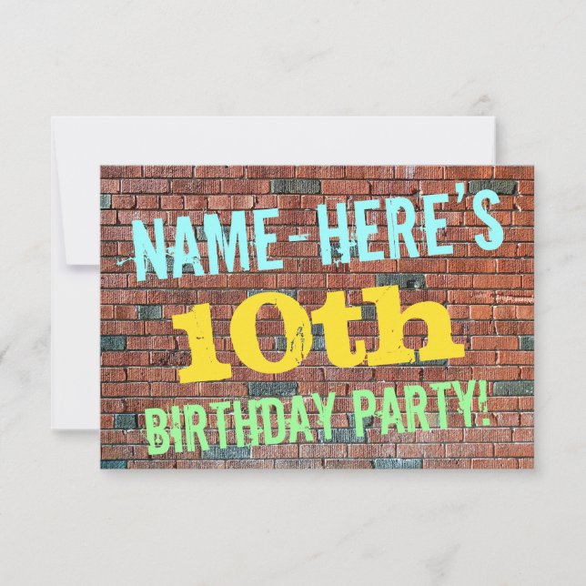 Brick Wall Graffiti Inspired 10th Birthday + Name Invitation (Front)