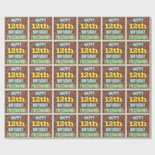 Brick Wall Graffiti Inspired 12th Birthday + Name Wrapping Paper (Flat)