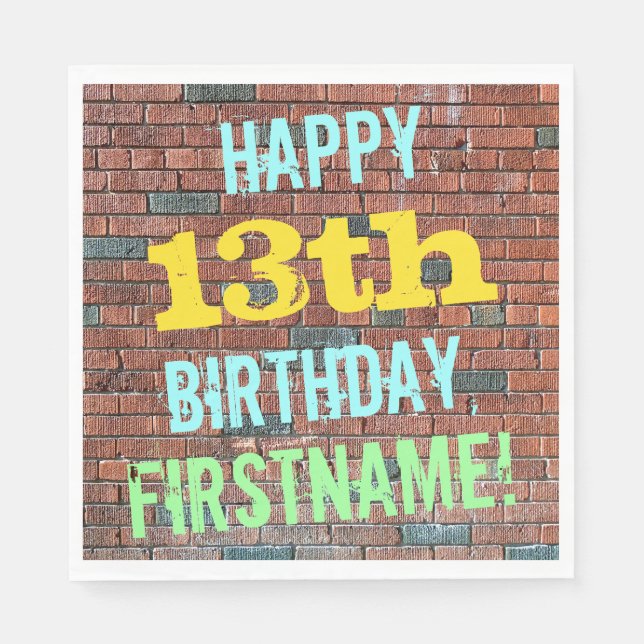 Brick Wall Graffiti Inspired 13th Birthday + Name Napkin (Front)