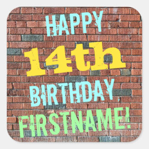 Brick Wall Graffiti Inspired 14th Birthday + Name Square Sticker