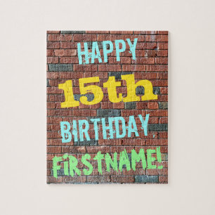 Brick Wall Graffiti Inspired 15th Birthday + Name Jigsaw Puzzle