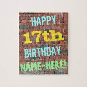 Brick Wall Graffiti Inspired 17th Birthday + Name Jigsaw Puzzle