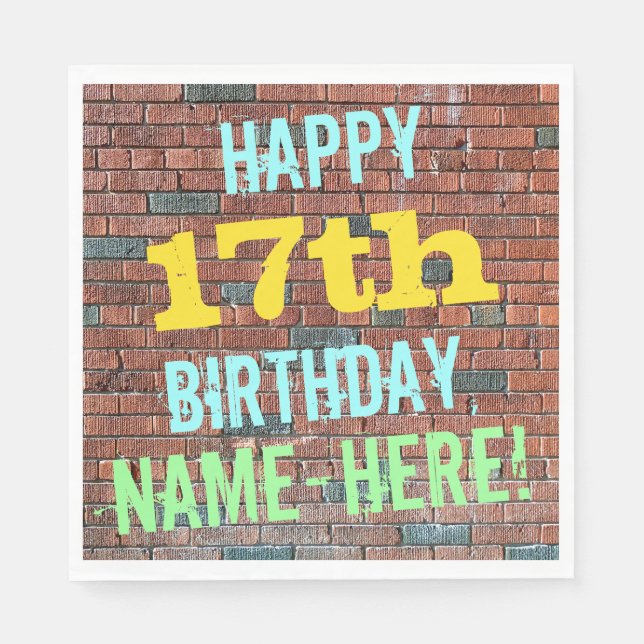 Brick Wall Graffiti Inspired 17th Birthday + Name Napkin (Front)
