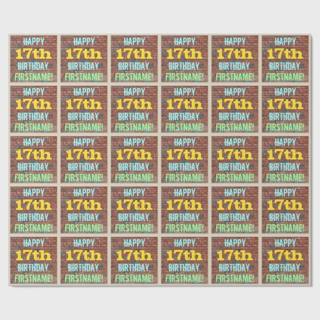 Brick Wall Graffiti Inspired 17th Birthday + Name Wrapping Paper (Flat)