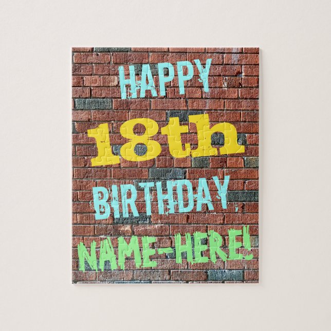 Brick Wall Graffiti Inspired 18th Birthday + Name Jigsaw Puzzle (Vertical)
