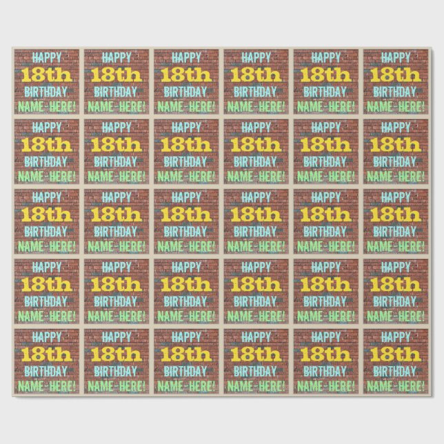 Brick Wall Graffiti Inspired 18th Birthday + Name Wrapping Paper (Flat)