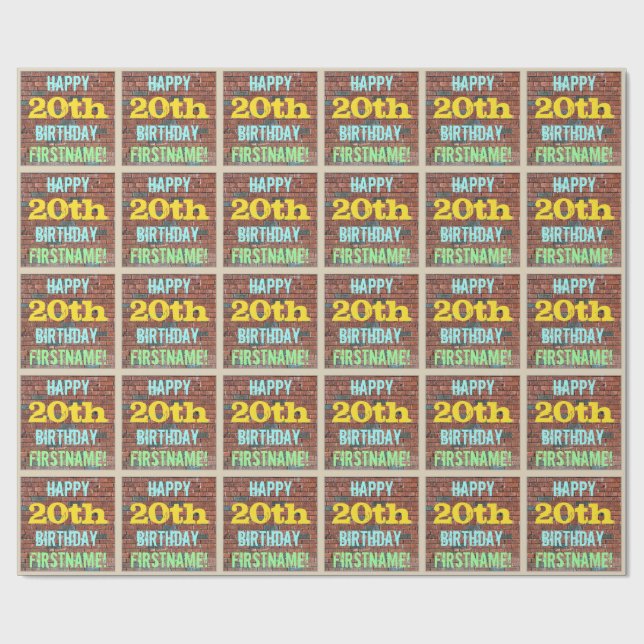 Brick Wall Graffiti Inspired 20th Birthday + Name Wrapping Paper (Flat)