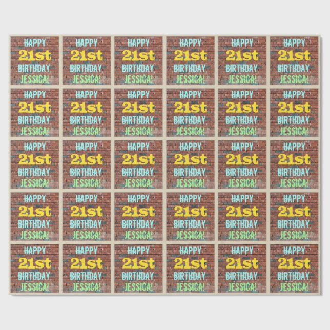 Brick Wall Graffiti Inspired 21st Birthday + Name Wrapping Paper (Flat)