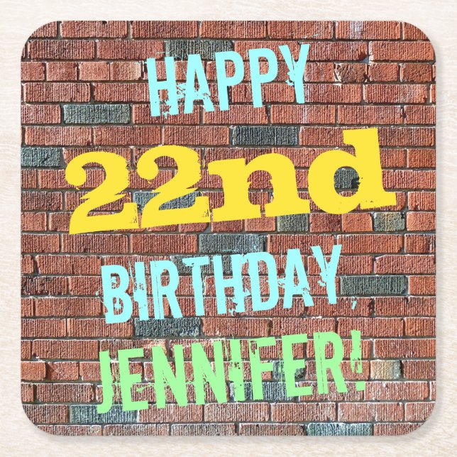 Brick Wall Graffiti Inspired 22nd Birthday + Name Square Paper Coaster (Front)