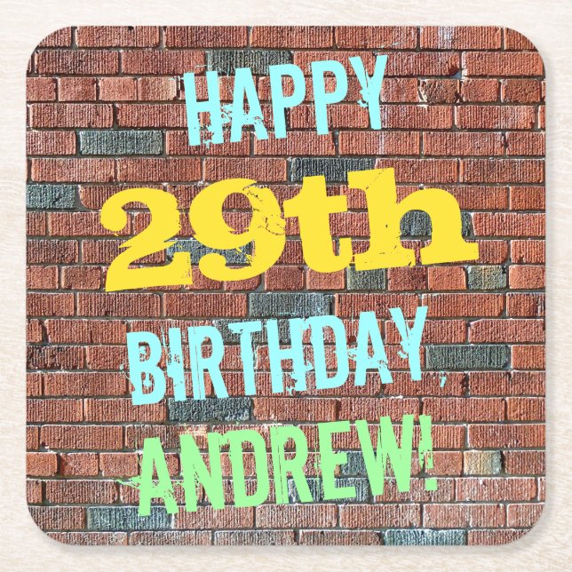 Brick Wall Graffiti Inspired 29th Birthday + Name Square Paper Coaster (Front)