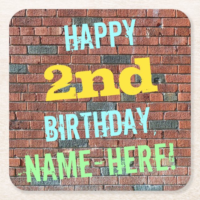 Brick Wall Graffiti Inspired 2nd Birthday + Name Square Paper Coaster (Front)