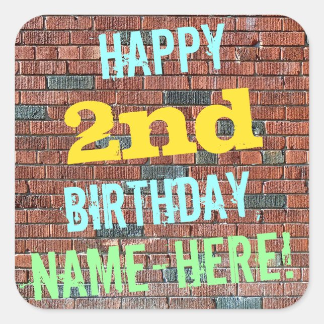 Brick Wall Graffiti Inspired 2nd Birthday + Name Square Sticker (Front)