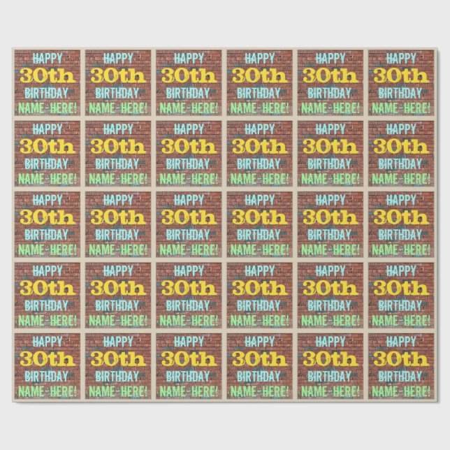 Brick Wall Graffiti Inspired 30th Birthday + Name Wrapping Paper (Flat)