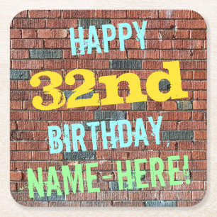 Brick Wall Graffiti Inspired 32nd Birthday + Name Square Paper Coaster