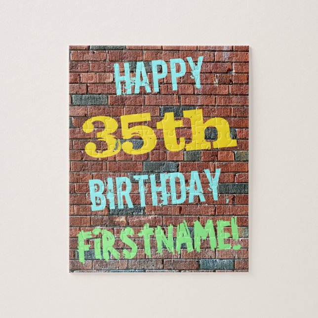 Brick Wall Graffiti Inspired 35th Birthday + Name Jigsaw Puzzle (Vertical)