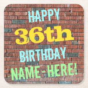 Brick Wall Graffiti Inspired 36th Birthday + Name Square Paper Coaster
