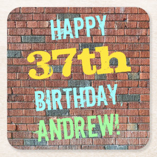 Brick Wall Graffiti Inspired 37th Birthday + Name Square Paper Coaster