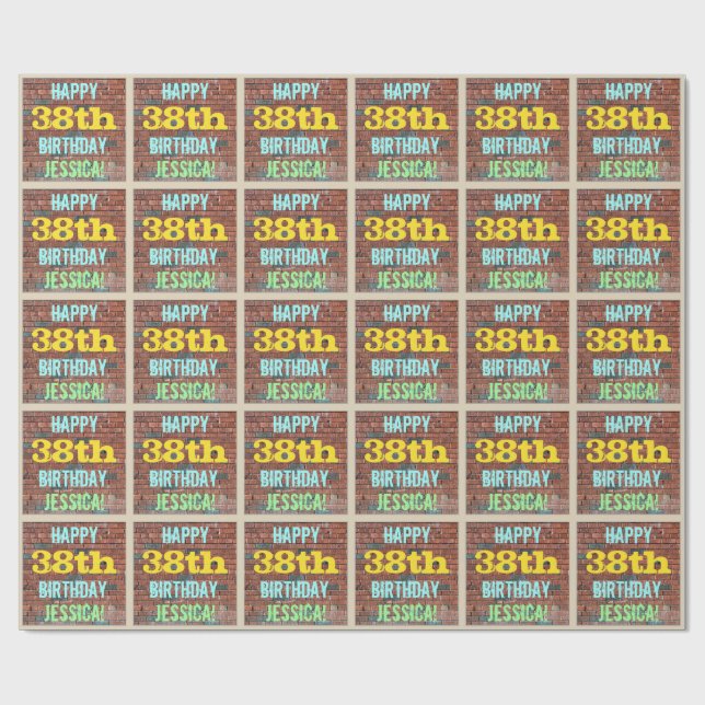 Brick Wall Graffiti Inspired 38th Birthday + Name Wrapping Paper (Flat)