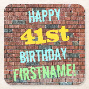 Brick Wall Graffiti Inspired 41st Birthday + Name Square Paper Coaster