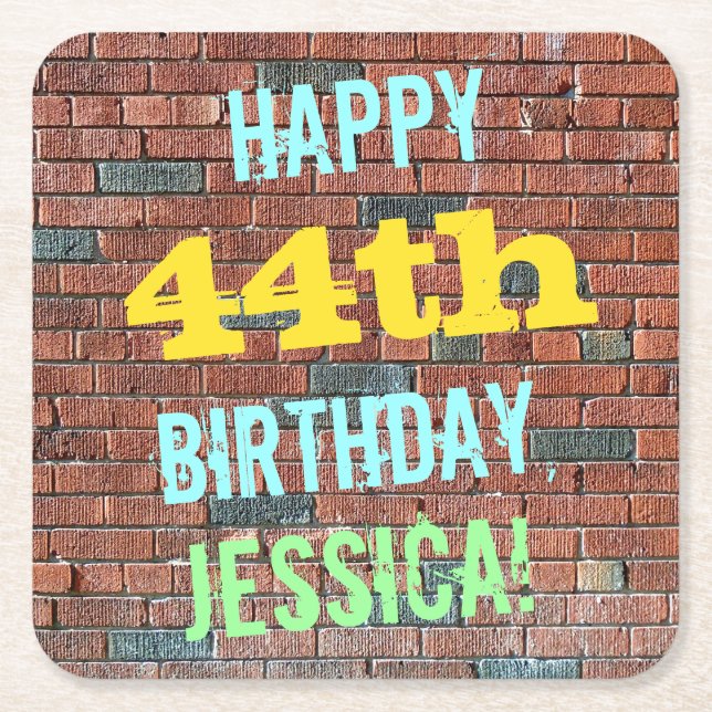 Brick Wall Graffiti Inspired 44th Birthday + Name Square Paper Coaster (Front)