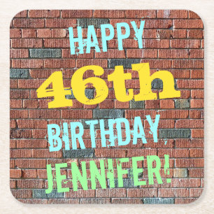 Brick Wall Graffiti Inspired 46th Birthday + Name Square Paper Coaster
