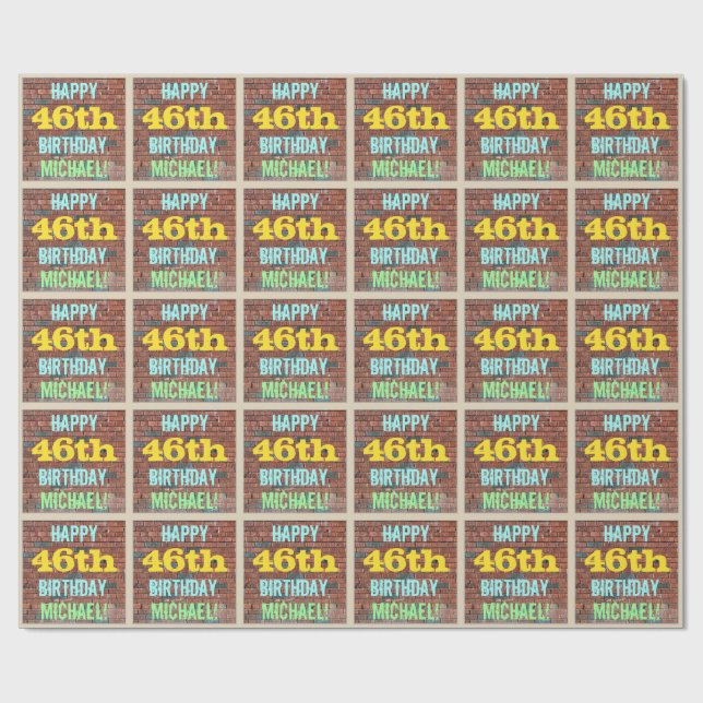 Brick Wall Graffiti Inspired 46th Birthday + Name Wrapping Paper (Flat)