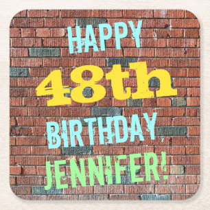 Brick Wall Graffiti Inspired 48th Birthday + Name Square Paper Coaster